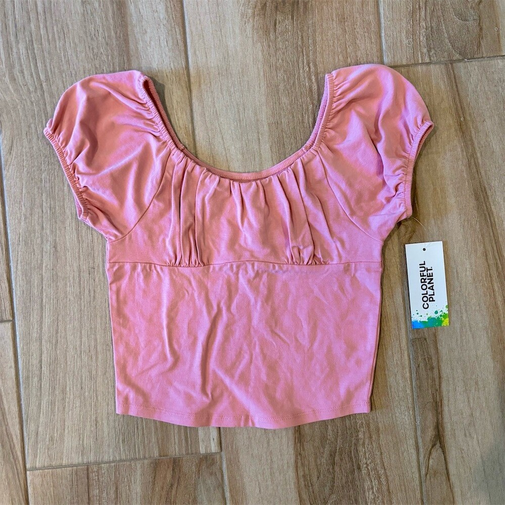 Colorful Planet Babydoll Tee Girls L Pink Ruched Square Neck Puff Crop Top
